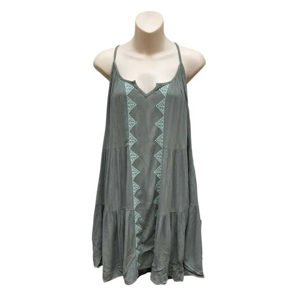 Mudd Boho Mini Dress Womens Medium Green Embroidered Flowy Spaghetti Strap
